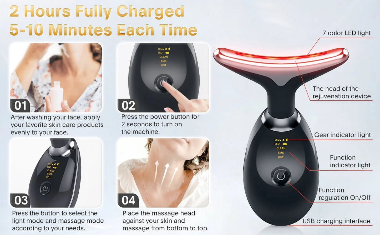 Red Light Therapy for Face, 7 Color LED Face Skin Rejuvenation for Face & Neck Beauty Device, Deplux Neck Tightening Device