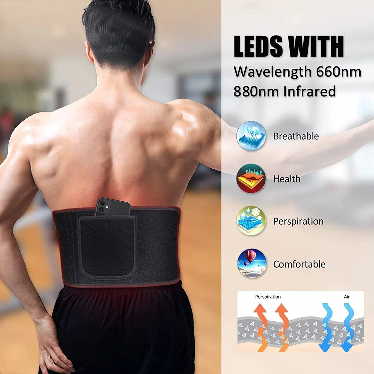 30W 660Nm Red &850Nm near Infrared Light Therapy Waist Wrap Pad Belt Pain Relief